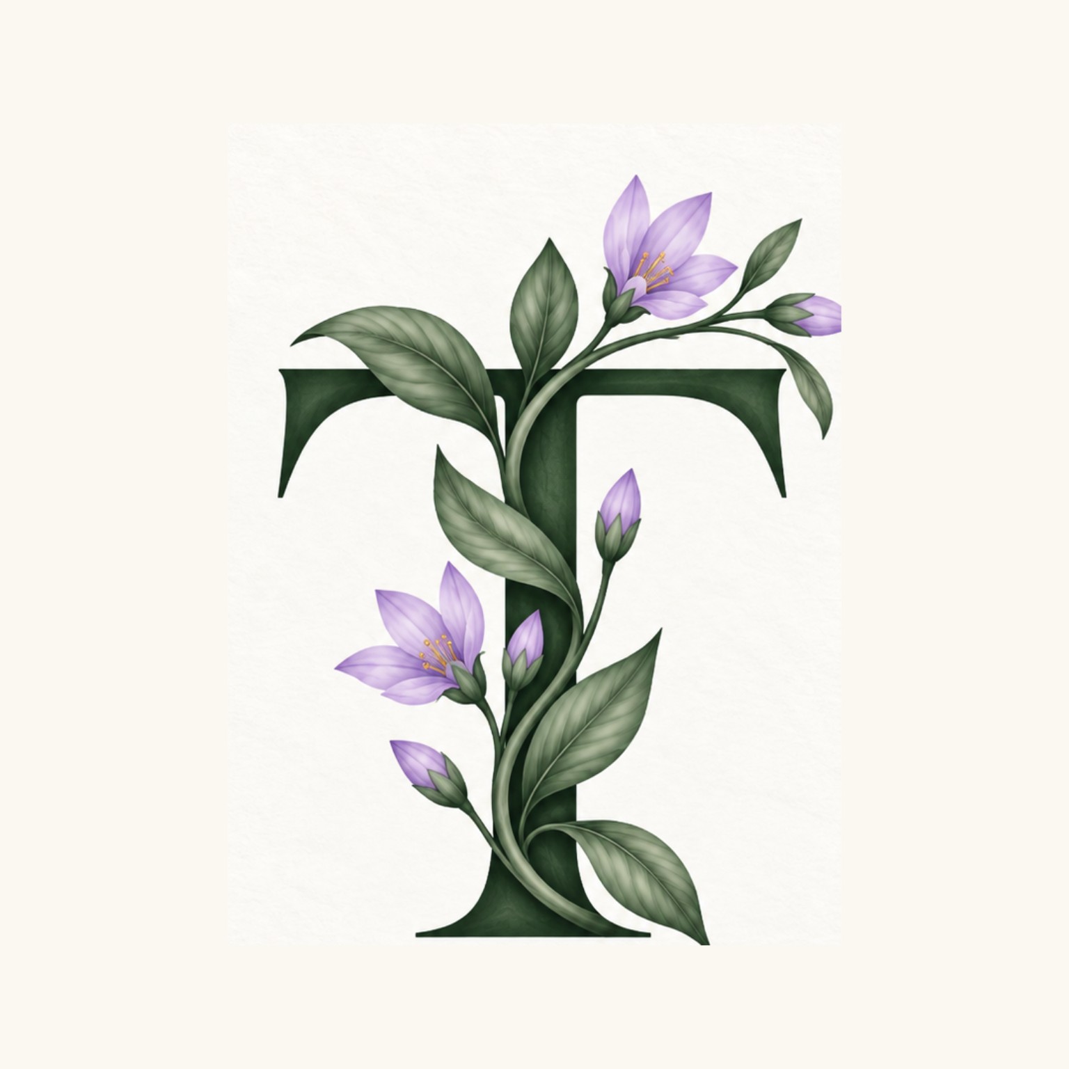 TRIYUTA’s botanical T monogram, wrapped in green leaves and lavender flowers